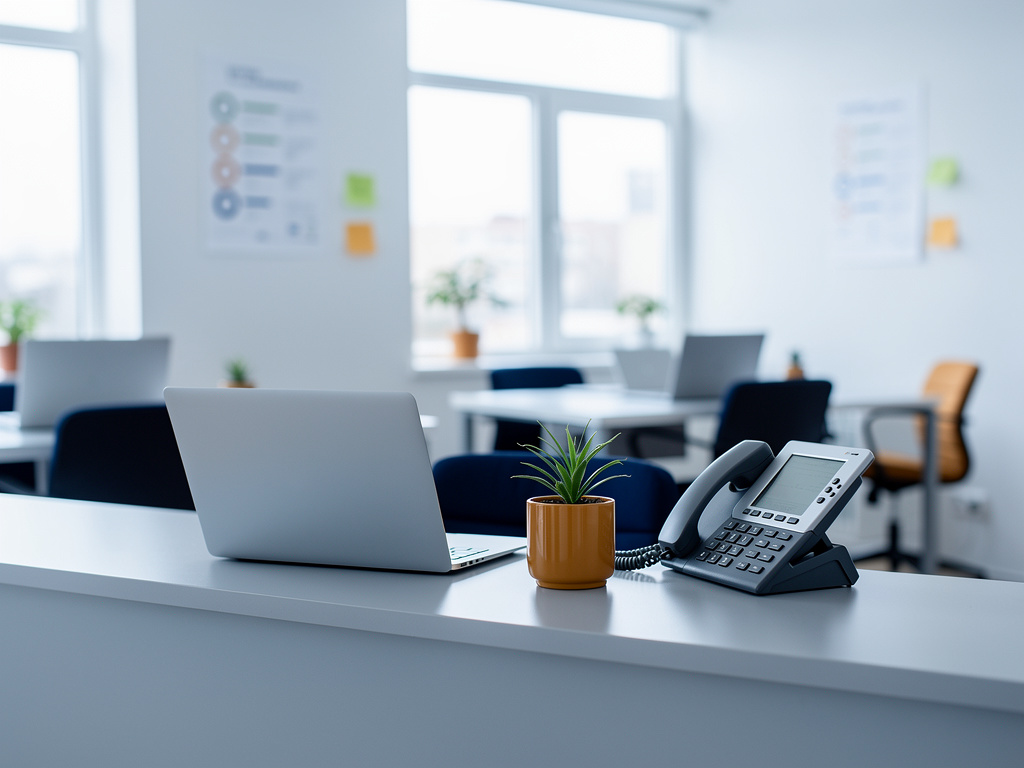 A tidy front desk with a laptop, a desk phone and a small amber plant pot, the bright office softly blurred behind it, n
