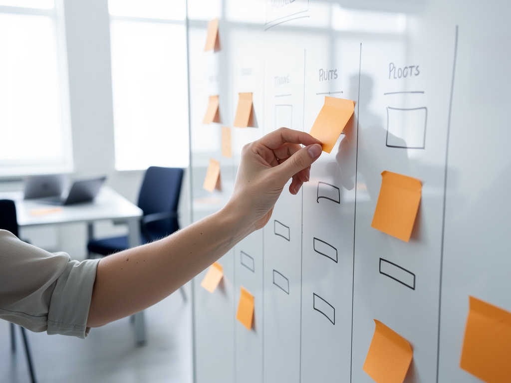 Close-up of a hand placing amber sticky notes into labeled-looking but unreadable columns on a whiteboard.