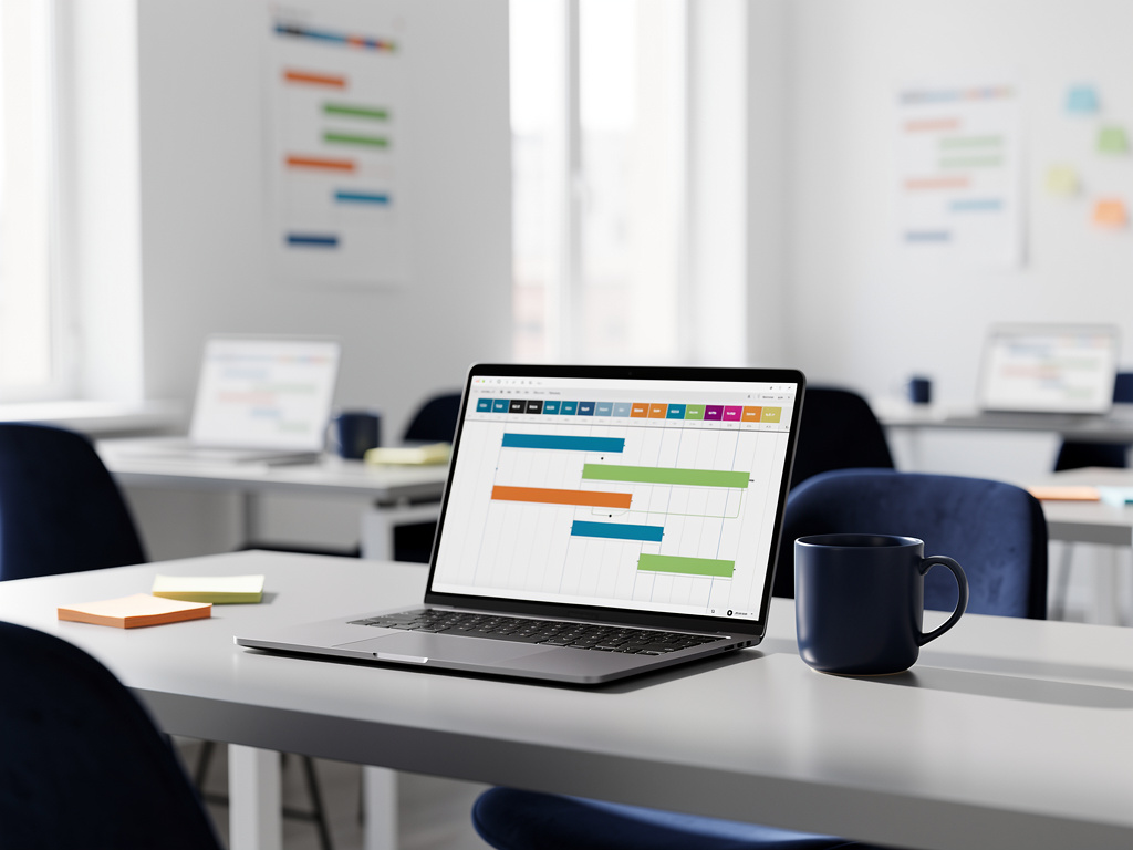 A laptop screen showing an abstract Gantt-style chart with colored bars, beside a navy mug on a pale gray desk.