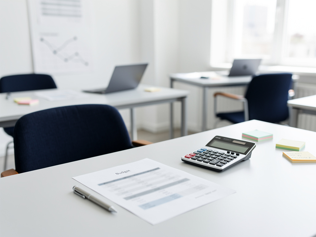 A calculator, pen and printed budget sheet with unreadable figures arranged neatly on a white desk.