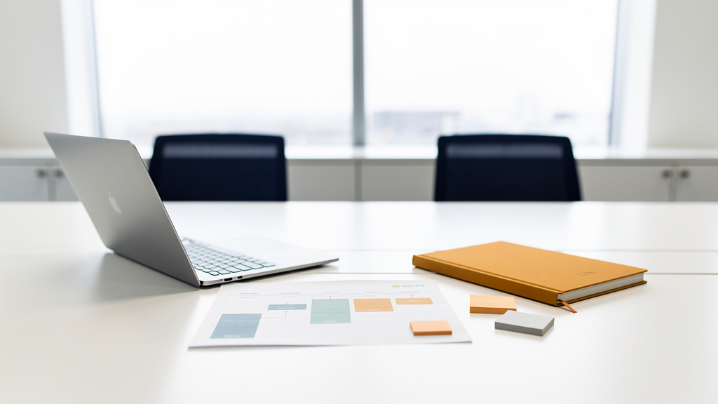 A clean conference table with an open laptop, a printed project timeline with colored blocks, and an amber notebook, set
