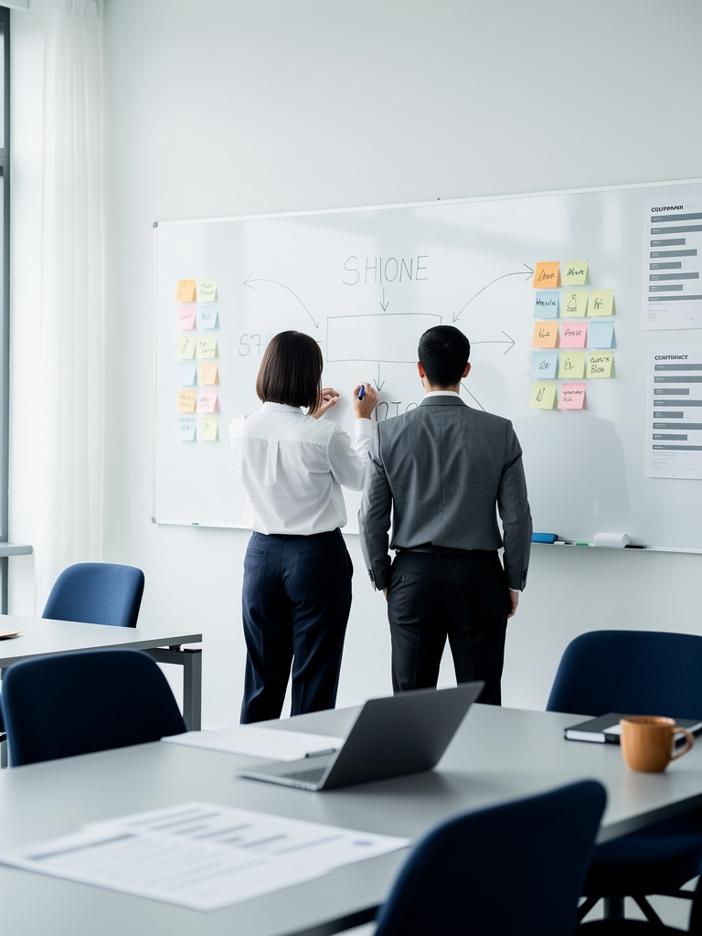Two consultants seen from behind at a whiteboard covered in project phases and sticky notes, faces out of view, in the b